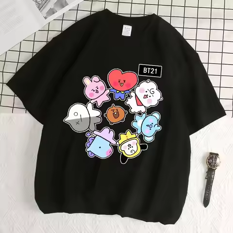 Anime BT21 Cartoon Tees BTS Peripheral Leisure Comfort Print T-Shirt Summer Cute Black White Tops Un