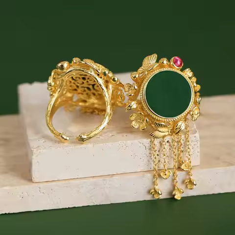 Classical Court style tassels natural Hotan Jasper jade rings for women antique gold craftsmanship h