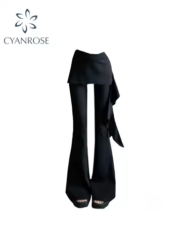 Women Black Goth Baggy Flare Pants with Skirt Vintage Y2k Pants Harajuku Japanese 2000s Style Trouse