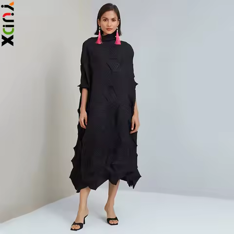 2024 Miyake Wrinkle Original Design Handmade Diamond Wrinkle Fashion Elegant Loose Mid Length Party 