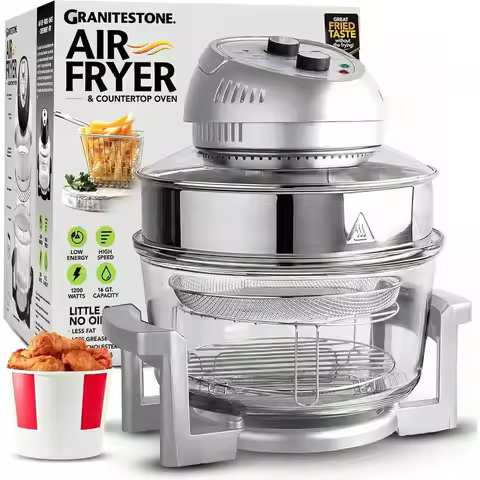 16Qt Large Glass Air Fryer Non-Toxic Family-Sized Oven Cooker with 3 Cooking Sections, Stainless Ste