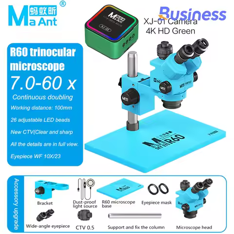 MaAnt R60 Trinocular Microscope 7-60X Continuous Zoom XJ-1 XJ-03 4K HD Camera for Mobile Phones PCB 