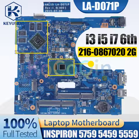 AAL15 LA-D071P For DELL Inspiron 5759 5459 5559 Notebook Mainboard i3 i5 i7-6th Gen CPU HDMI 0T66WJ 