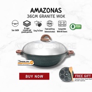 iGOZO AMAZONAS Non Stick Premium Granite 36CMWok Kitchen Cookware With Glass Lid (Free Steam Rack and Wooden Spatula)