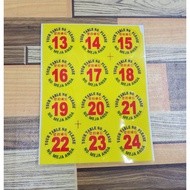 ""TABLE NUMBER STICKER WITH MATTE LAMINATED, NUMBER 13 TO 24, 48MM DIAMETER""