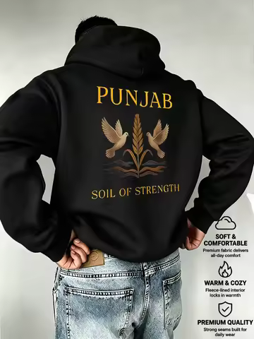 Men Punjabi Culture Hoodie Punjab Soil Of Strength Dove Wheat Print Loose Casual Pullover Street Swe