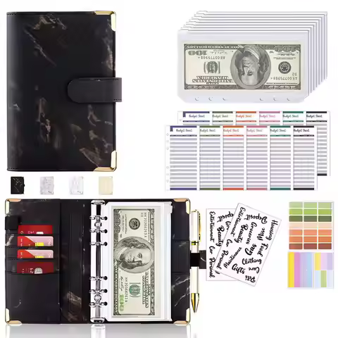 PU Leather Budget Binder With Cash Envelopes Pockets Zip Small French Budget Pouch Binder For Saving