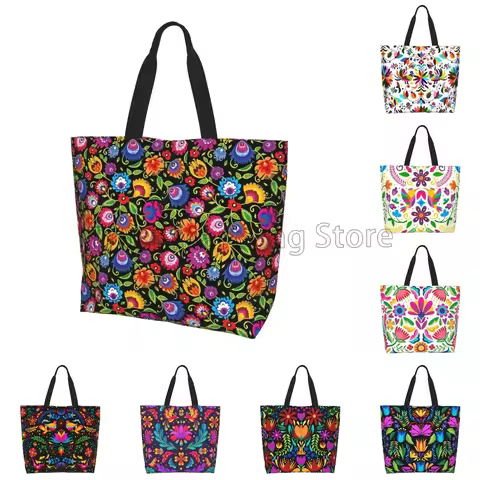 Mexican Ethnic Flowers Tote Bag Large Capacity Zipper Women Grocery Bags Purse Shopping Handbags Cas
