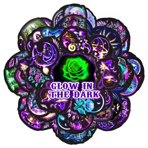 Glow in the Dark Witchcraft Waterproof Stickers Pack - Magical Purple Witch & Rose Vinyl Decals for 