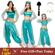 Adult Kids Anime Aladdin Princess Jasmine Cosplay Costume Green Top Pants Set For Baby Girl Outfit Halloween Suit for Women