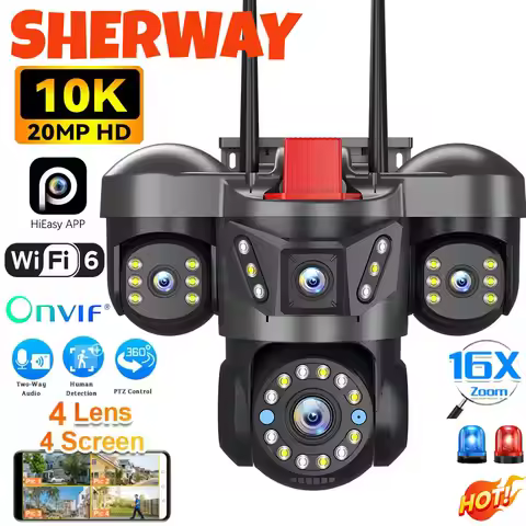10K 20MP UHD Outdoor WiFi IP Camera Four Len Four Screen 360° 16X Zoom PTZ Security Cam Auto Trackin