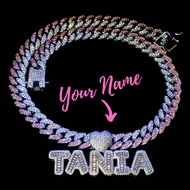 Pink&Clear Stones Cuban Link Chain With Name Pendant Choker Heart Bail Icy Letters Necklace Blingbli