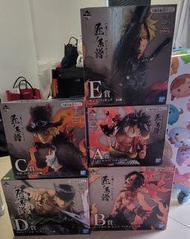 《航海王/海賊王》一番賞「匠之系譜」（一番くじ ワンピース 匠ノ系譜） 系列公仔。畫面中包含了該套作品的核心上位賞角色（A賞路飛、B賞艾斯、C賞薩波、D賞索隆、E賞山治）