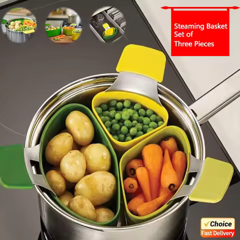 Silicone Food Steamer 3PCS- Set Vegetable Fruit Basket Steamer Rack Cookware Kitchen Cooking Utensil