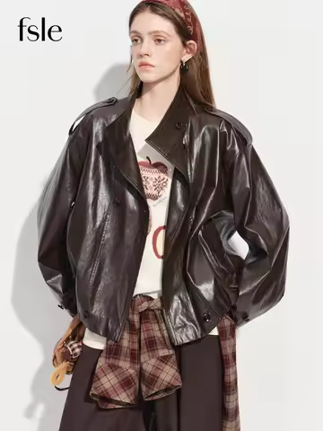 FSLE【Premium Series】Women's Oversize Short Trench Coat Brown Faux Leather Belted Jacket Grey Windbre