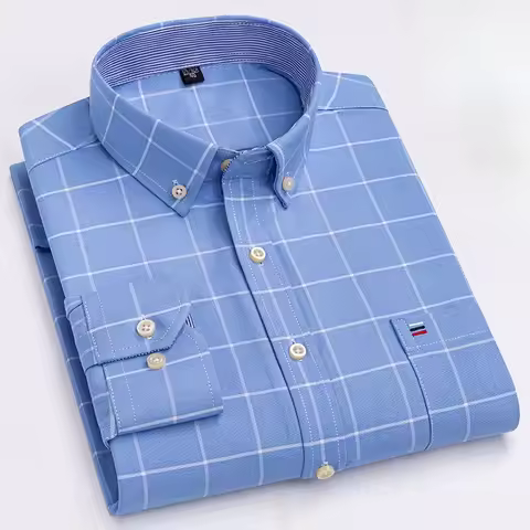 100% Cotton Oxford Men Plaid Shirts Male Business Casual High Quality Long sleeve Pocket Shirt for M