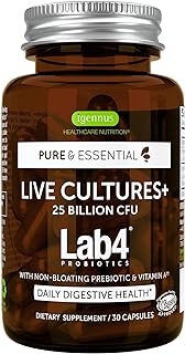 Live Cultures+ Lab4 Probiotics &amp; Non-Bloating Prebiotic, Guaranteed 25 Billion CFU Lactobacillus Acidophilus &amp; Bifidobacterium, Gut Health Supplement for Men &amp; Women, Vegan, 30 Capsules