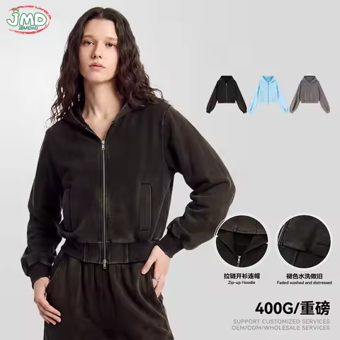 JMD Vintage Women 400gsm Wased Zipper Crop Hoodie Unisex Distressed Soft Hooded Zip-up Jackets Coat 