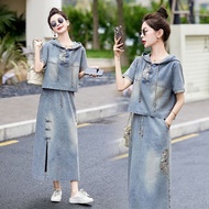 Guofeng Embroidered Hooded Denim Set - Stylish Women's Summer Two-Piece Outfit