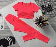 Đồ tập yoga nữ tập gym set bộ áo crop ngắn tay kèm mút quần dài thun poly co dãn tốt phối lưới có tú