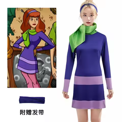 Daphne Costume Adult Women Halloween Costume Dresses Cosplay Outfits Long Sleeve Bodycon Purple Dres