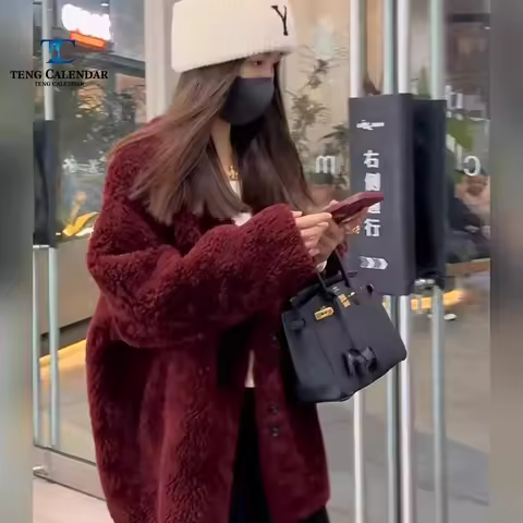 Xiaoxiangfeng Sheep Plush Coat, New Year's Battle Robe, Wine Red Medium Length Imitation Fur Coat. W