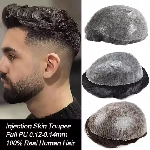 Injection Full PU Base Men's Wigs 0.12-0.14 Injection Skin Toupee For Men Hair Capillary Prosthesis