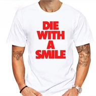 Men's Die With A Smile Graphic T-Shirt - White Crewneck Short Sleeve Tee With Bold Red Text And Tatt
