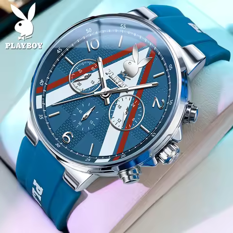 PLAYBOY Quartz Watches for Men Comfortable Silicone Strap Big Dial Chronograph Waterproof Luminous M