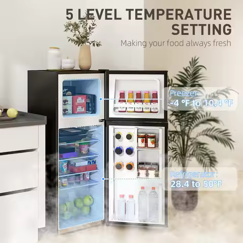 Black & Silver 2 Door Mini Fridge with Freezer, Compact Refrigerator (-4℉~10.4℉ Freezer & 28.4℉~50℉ 