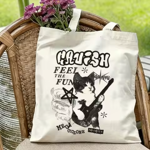 1PC Cavish Rock Cat" Guitar-Playing Cat Canvas Tote Eco-friendly Reusable Shoulder Bag