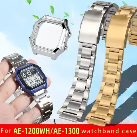 Stainless steel strap and case for Casio 3299 small square AE-1200WH AE1200 AE1300 stainless steel w