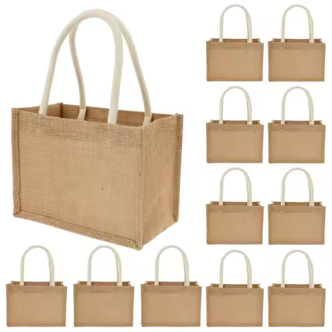12/4PCS Burlap Tote Bags Mini Burlap Beach Bags with Handles Portable Jute Tote Bag Reusable Burlap 