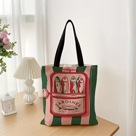 1pc Sardine Can Tote Bag - Retro Pop Art Design with Pink & Green Illustration, Durable, Foldable