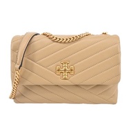 TORY BURCH KIRA 雙T金字LOGO鍊斜紋衍縫翻蓋兩用包-小-奶茶