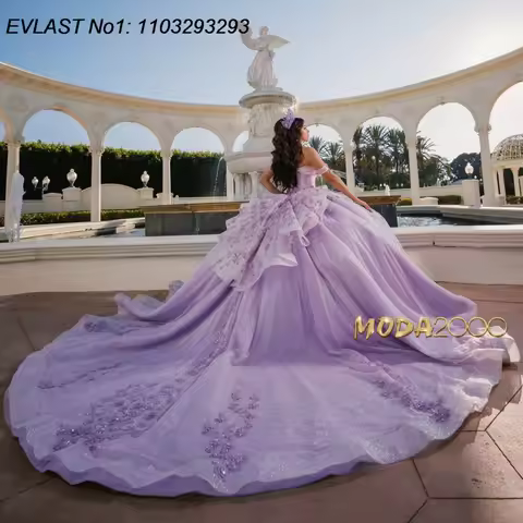 EVLAST Customized Shiny Lavender Ball Gown Quinceanera Dress Lace Applique Beading Corset Sweet 16 V