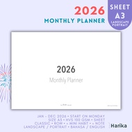 Monthly Planner 2026 | A3 | Sheet Calendar/