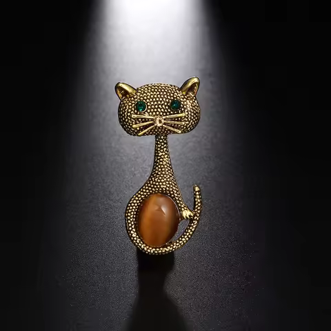 Vintage Green Eyes Cat Brooch Corsage Antique Gold Color Opals Animal Brooches For Women Kids Pins J