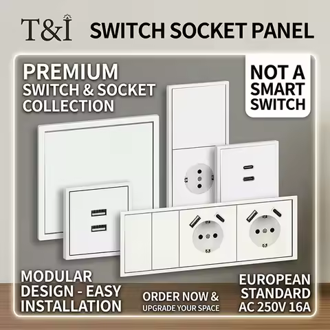 EU Type F Wall Socket & Switch Combination Panel, 16A 250V, USB Type-C Charging Ports, 1/2 Gang, Flu