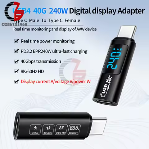 DC 0-36V 5A LED Display Voltmeter Ammeter USB4.0 40Gbps Type C to C OTG Connector Data Adapter PD240