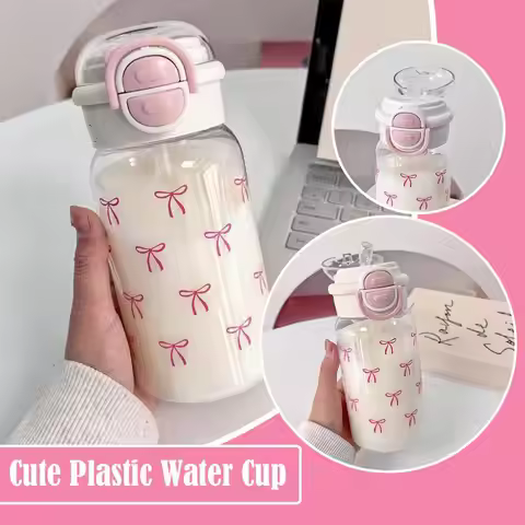 Cute Water Bottle with Straw Portable Plastic Pop-Up Cover Water Cup Kawaii Bottle Water Leak-Proof 