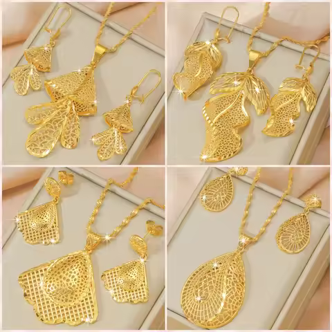 Dubai Africa India Bride 2 jewelry set 24K copper Gold plated women's wedding leaf necklace and earr