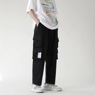 【4-colour】【Cotton】Kargo Multi Pocket Straight Cut Loose Cargo Cropped Pants Men Oversized Fashion Bl