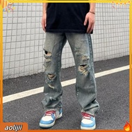 Loose Fit Hip Hop Pants Hip Hop Style Jeans Streetwear Men's Ripped Jeans with Wide Leg and Distress