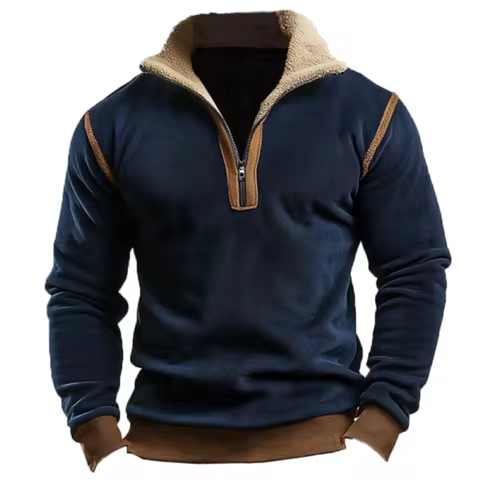 2025 Men's Vintage Suede Patchwork Lamb Fleece Quarter Zip Pullover, Stand Collar Casual Jacket, Ret