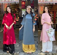 Áo Dài Cách Tân Nữ Dùng Đi Chơi Lễ Tết Kiểu Truyền Thống Màu Đỏ Xanh Trắng Vải Lụa Đính Cúc Ngọc Trẻ
