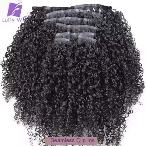 Seamless PU Clip in Hair Extensions Human Hair Brazilian 3C 4A Afro Kinky Curly Hair Bundles Skin We