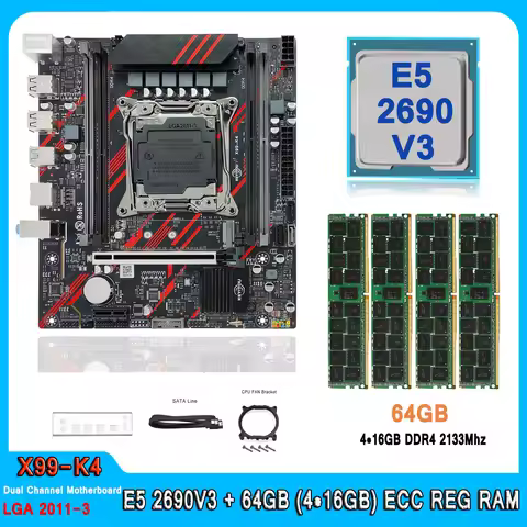 X99 Dual Channels Motherboard Set LGA 2011 V3 Kit Xeon with E5 2690V3 CPU 64GB(4*16GB) DDR4 2133MHz 