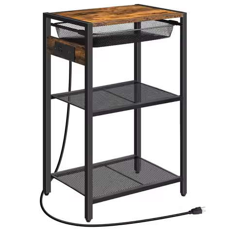 Tall End Table with Charging Station, Industrial Telephone Table with Adjustable Metal Storage Baske