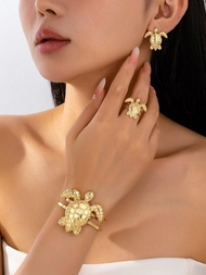 4pcs/Set Ocean Style Turtle Bracelet Earrings Ring Set Suitable For Women To Wear On Beach Vacation